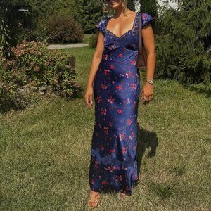 BNWT Free People Navy Blue Floral Lace-Trim Maxi Dress